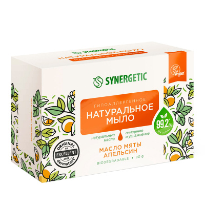 Synergetic Мыло туалетное "Масло мяты и апельсин", 90 гр SYNERGETIC